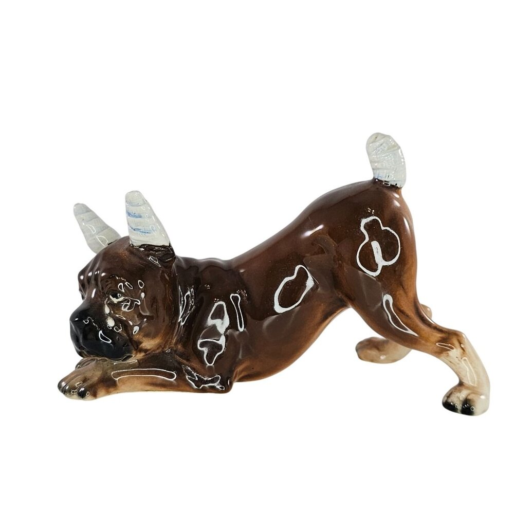 Vintage Lefton Boxer Dog Figurine Injured Crying Bandaged Ceramic Glossy Finish